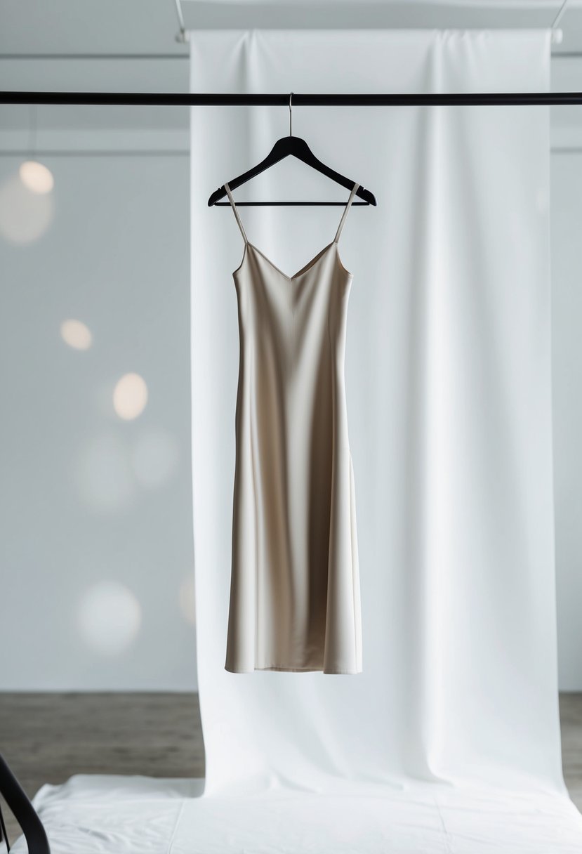 A simple, elegant slip dress hangs on a sleek hanger against a clean, white backdrop