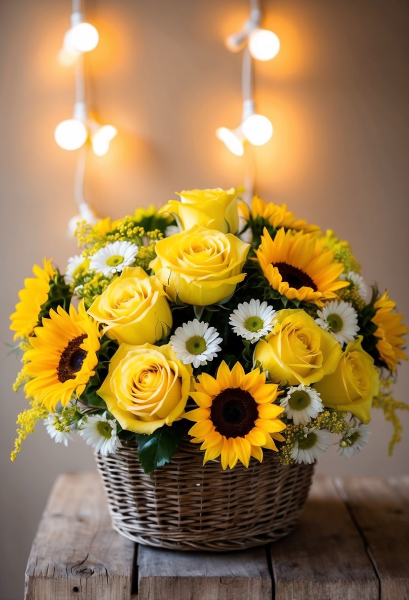 A vibrant yellow bouquet of roses, sunflowers, and daisies arranged in a rustic wicker basket, with a soft, warm light illuminating the blossoms