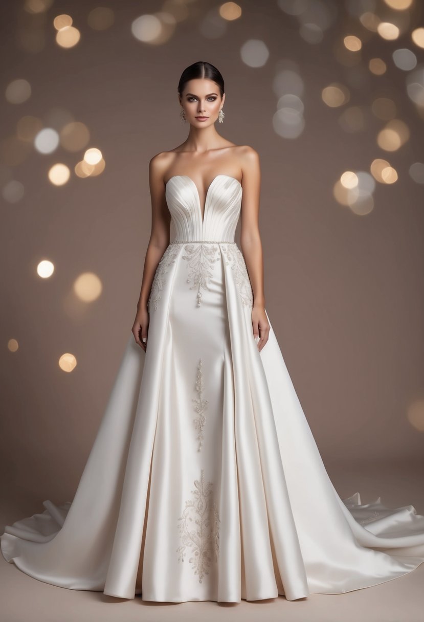 A sleek, strapless gown with a structured bodice and flowing skirt, accented with delicate embroidery and a subtle train