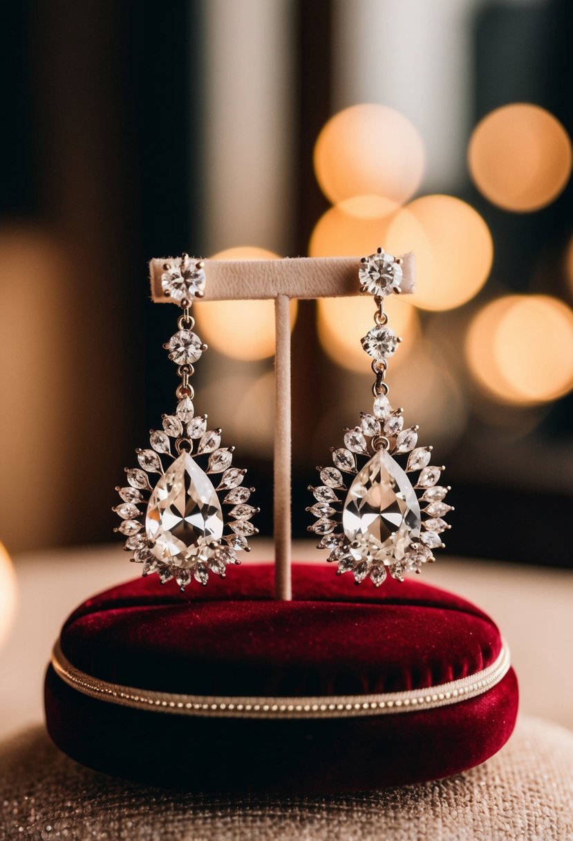 A pair of sparkling crystal wedding earrings displayed on a velvet cushion under soft, warm lighting