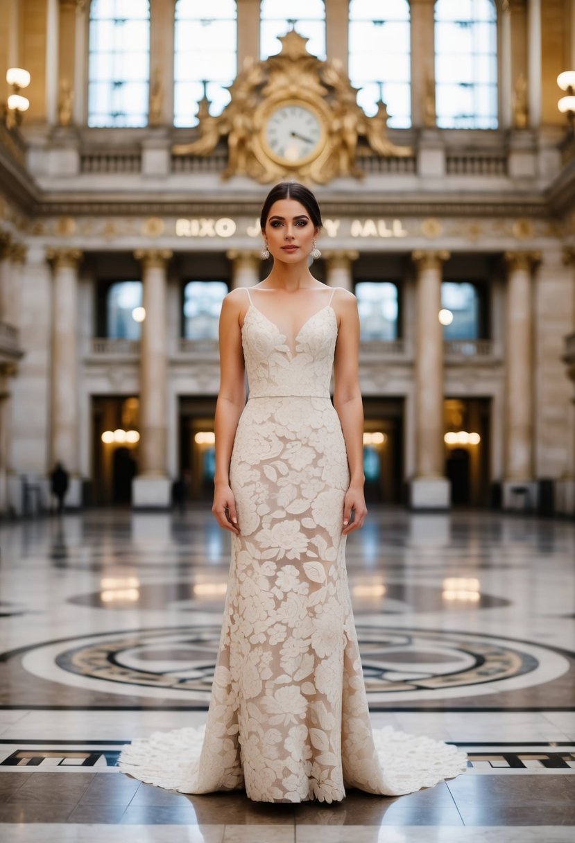 A bride stands in a grand city hall, wearing a simple yet elegant floral Jacquard dress by Rixo, surrounded by opulent architecture