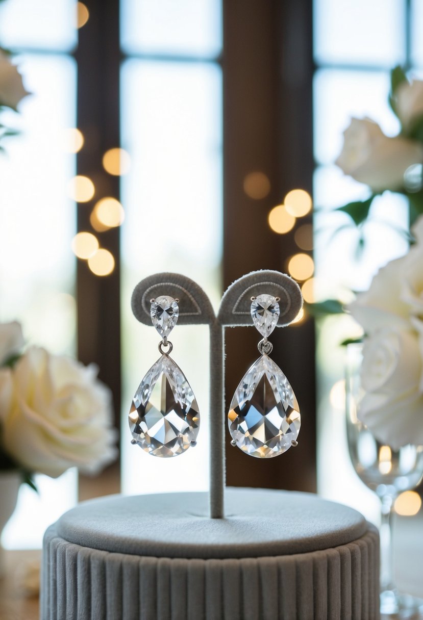 Two sparkling teardrop crystal earrings on a velvet display, catching the light in a luxurious bridal setting