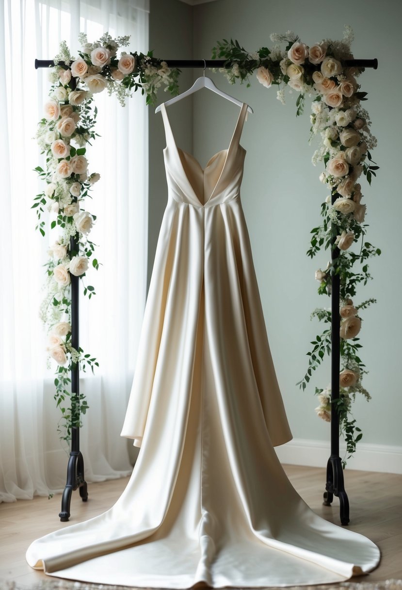 A satin gown with a flowing train hangs gracefully on a dress form, surrounded by soft, romantic lighting and delicate floral accents