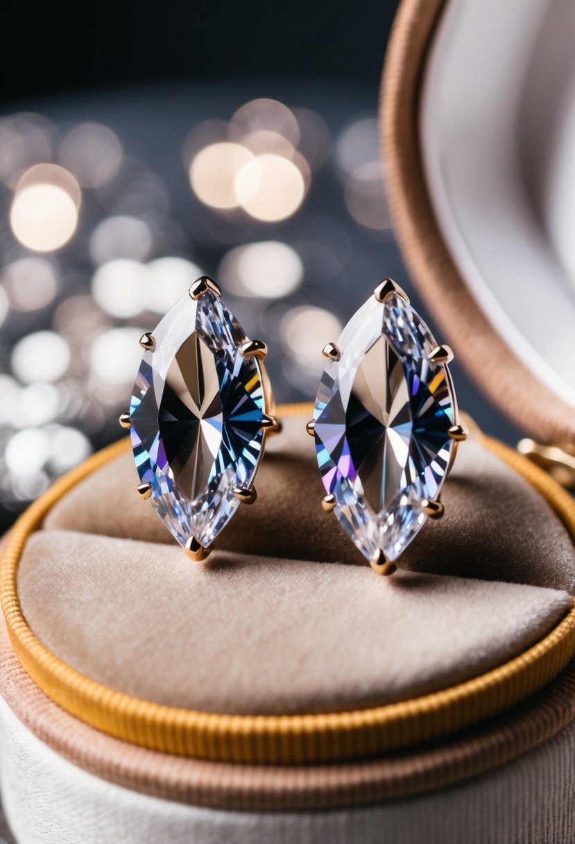 A pair of marquise cut Swarovski crystal earrings displayed on a velvet cushion in a luxurious setting