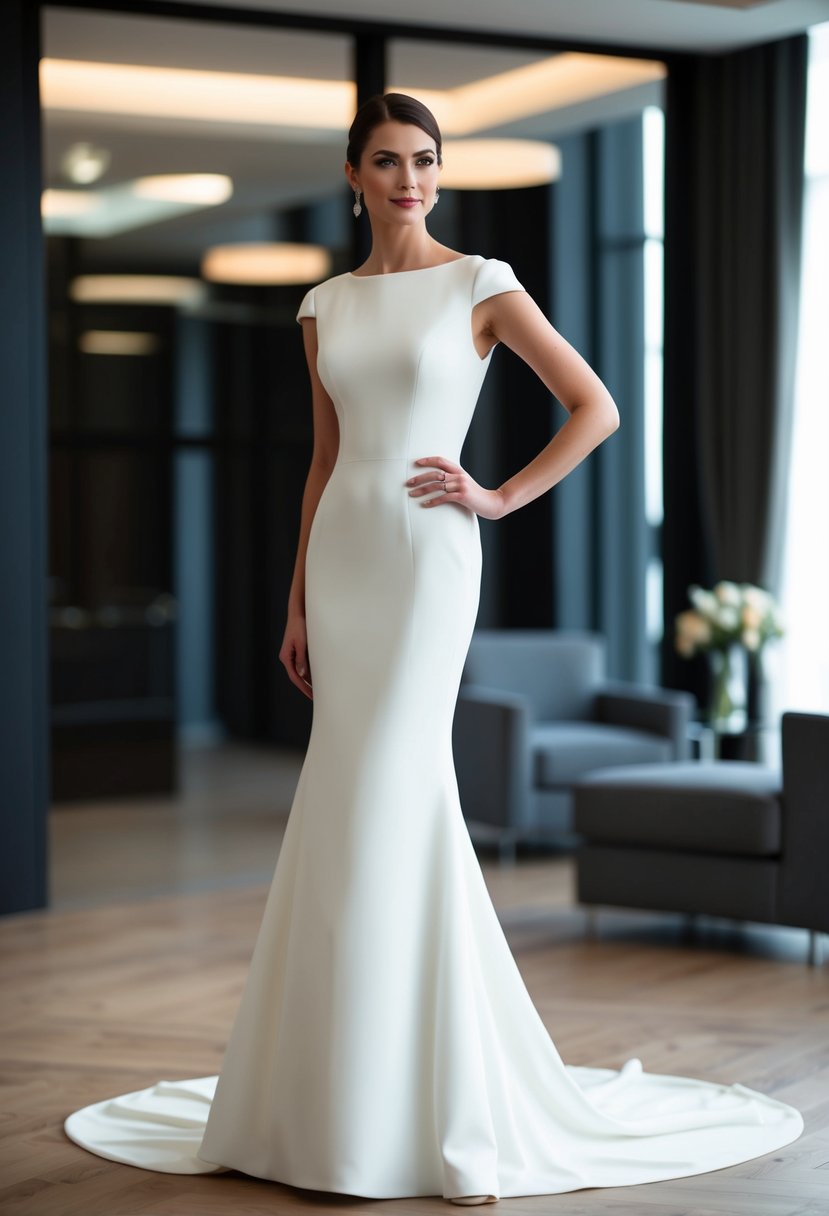 A bride stands in a sleek, modern sheath gown with elegant sleeves, exuding simplicity and sophistication