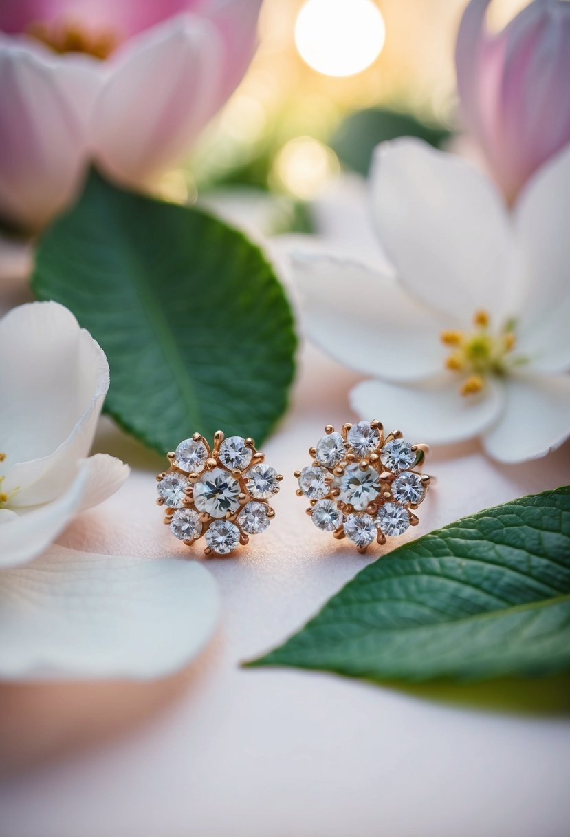 A pair of delicate floral crystal studs, surrounded by soft petals and leaves, catching the light in a romantic setting