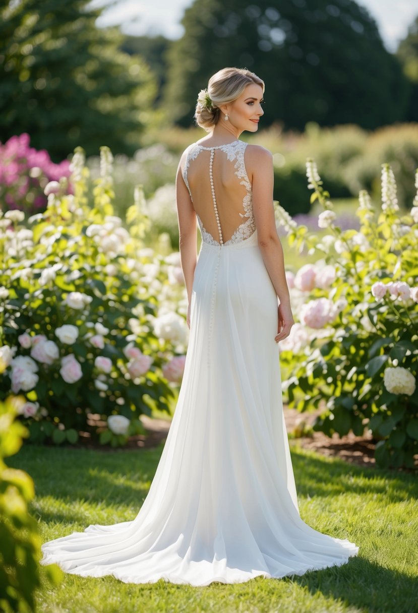 A bride stands in a sunlit garden wearing a flowing, open-back gown with delicate lace details, surrounded by blooming flowers and lush greenery