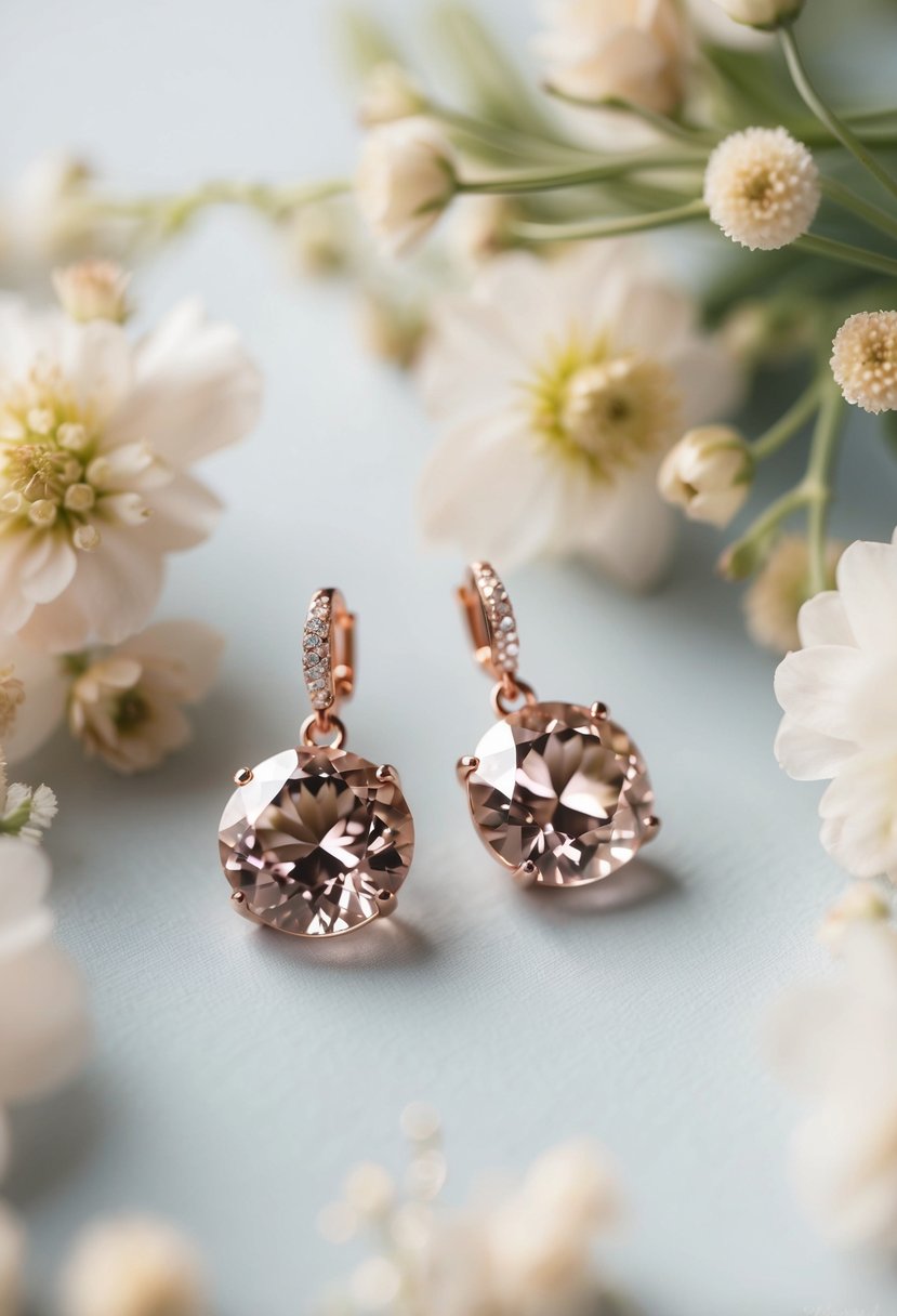 A pair of rose gold crystal drop earrings shimmering under soft lighting, surrounded by delicate floral arrangements