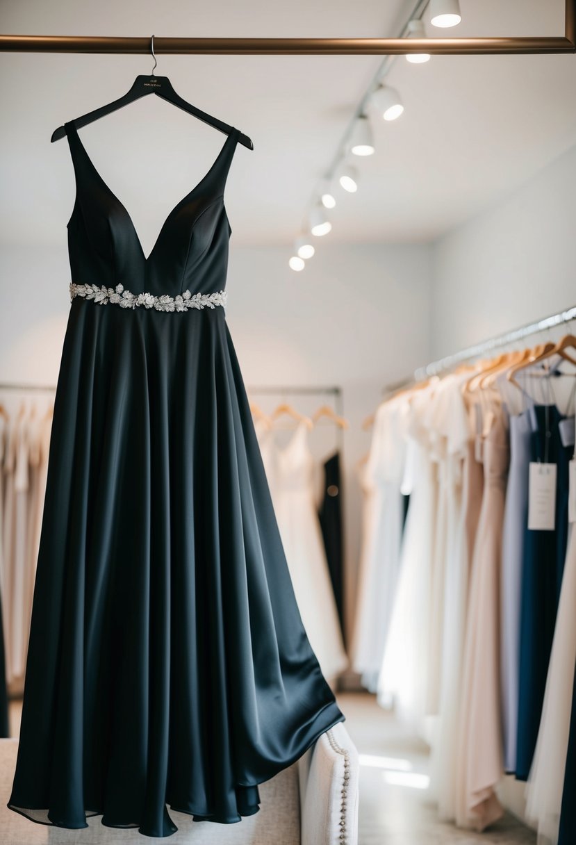 A flowing black Mikado fabric wedding dress, with a simple and elegant design, hanging on a sleek mannequin in a softly lit bridal boutique