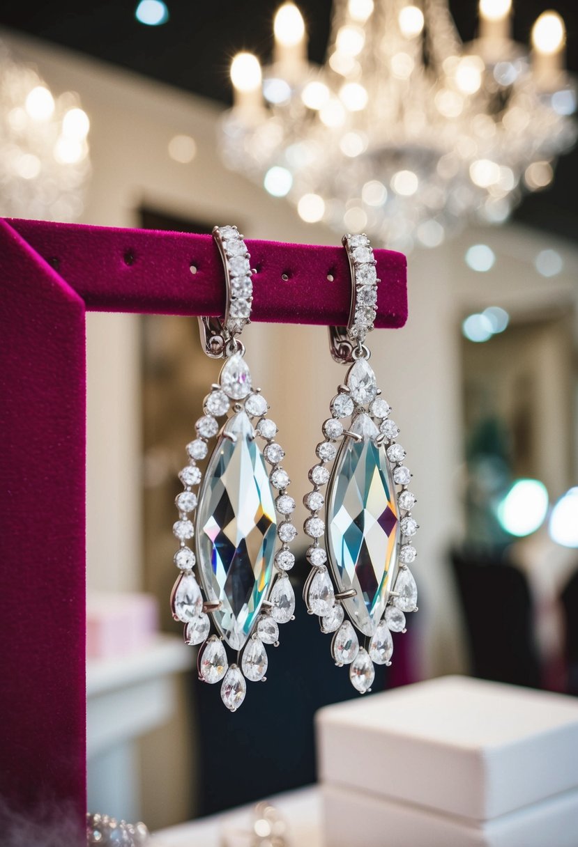 A sparkling pair of clip-on crystal earrings hanging from a velvet jewelry display, catching the light in a luxurious bridal boutique