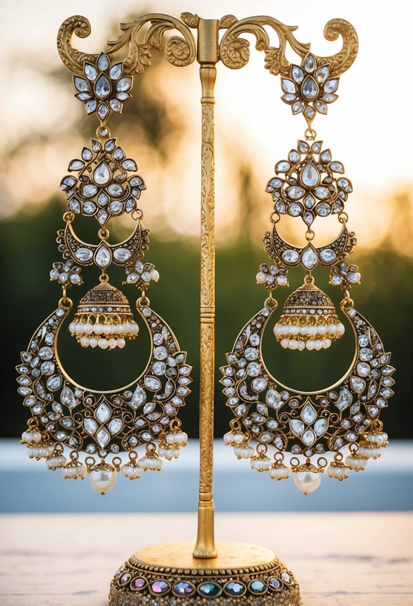 Oversized Bahubali-inspired Indian wedding earrings, ornate and intricate, with elaborate design and sparkling gemstones, hanging from a decorative stand