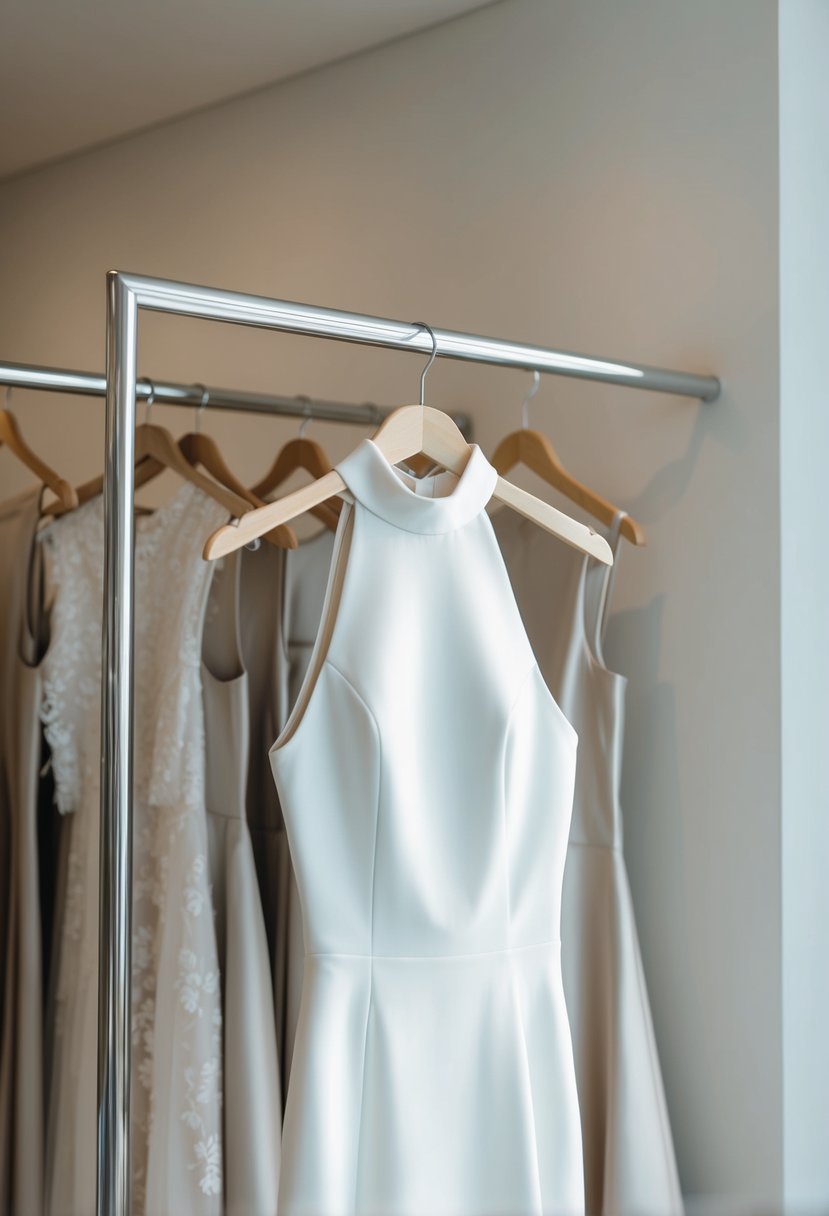 A high-neck minimalist dress hangs on a sleek, modern clothing rack in a softly lit, minimalist bridal boutique