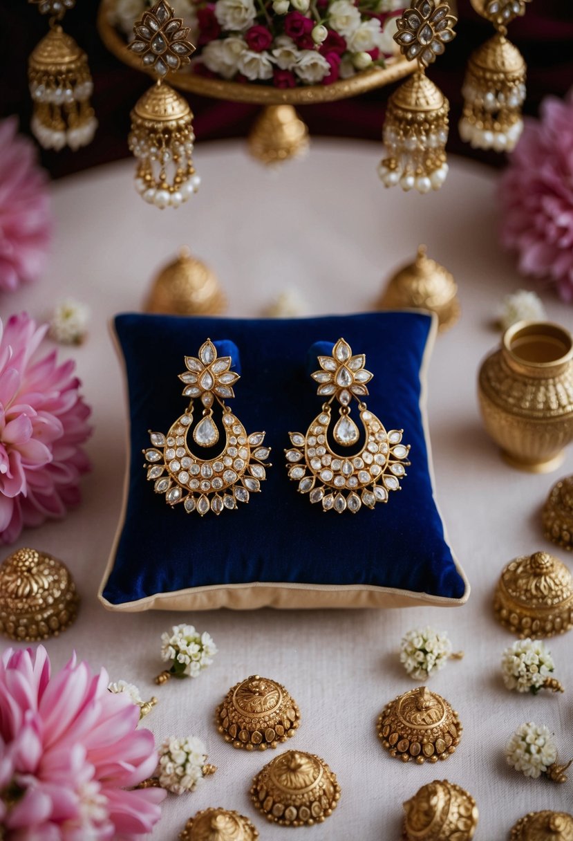 A beautiful pair of Kundan earrings displayed on a velvet cushion, surrounded by delicate floral motifs and traditional Indian wedding decor