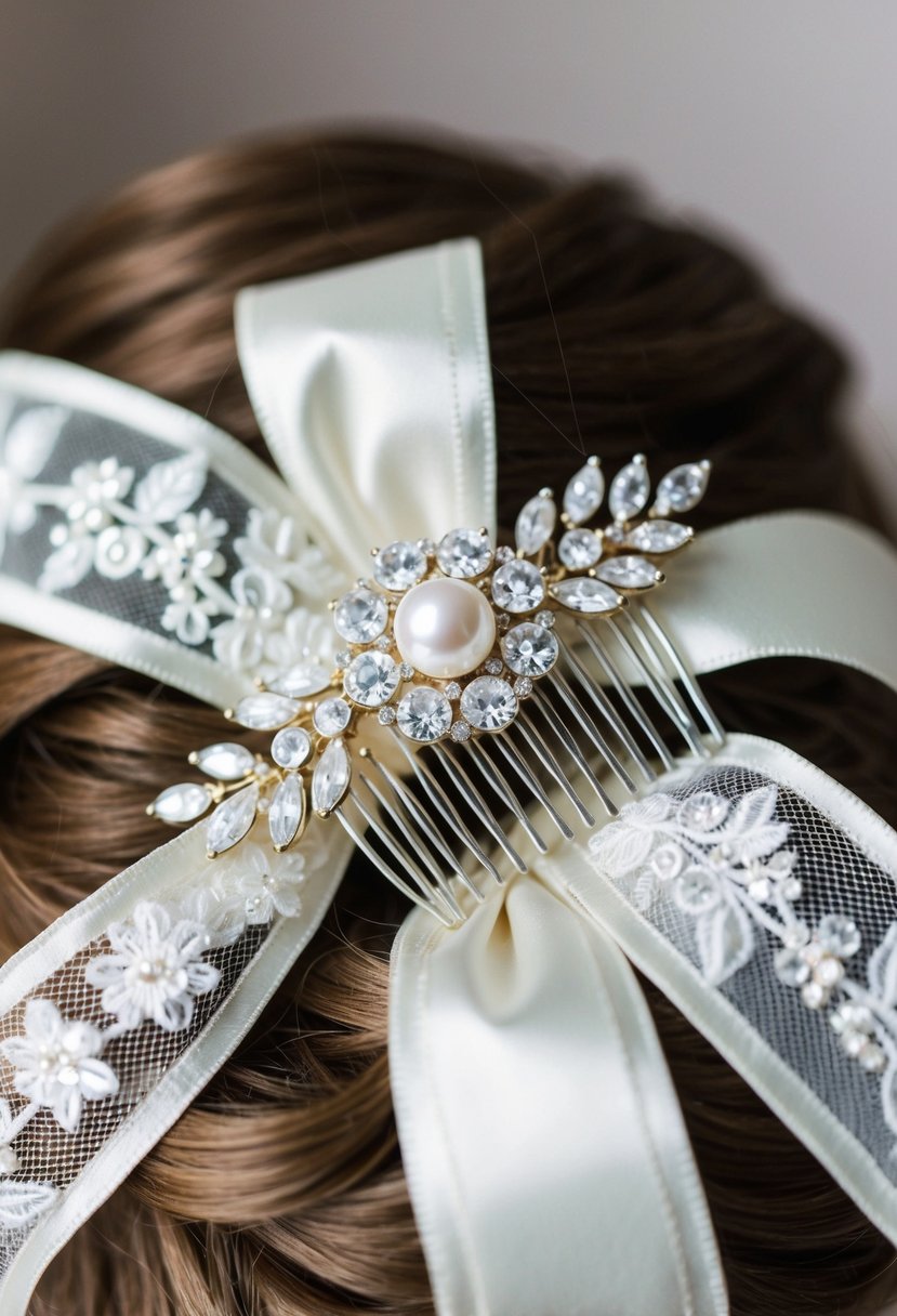 A sparkling crystal and pearl comb, nestled among delicate lace and satin ribbons, catching the light in a bridal hairdo