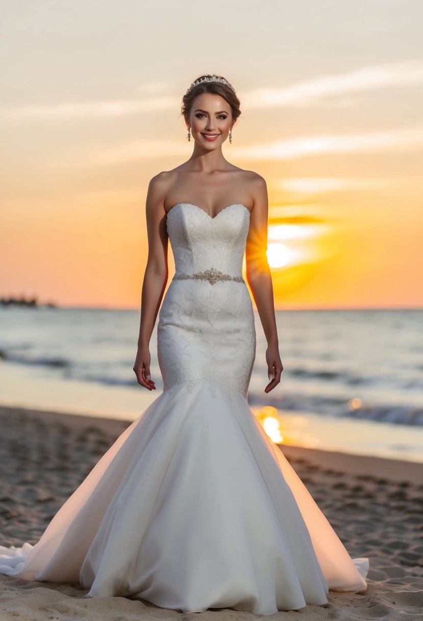 A bride stands on a sandy beach, the sun setting behind her as she wears a boatneck mermaid style wedding dress, the fabric flowing elegantly around her