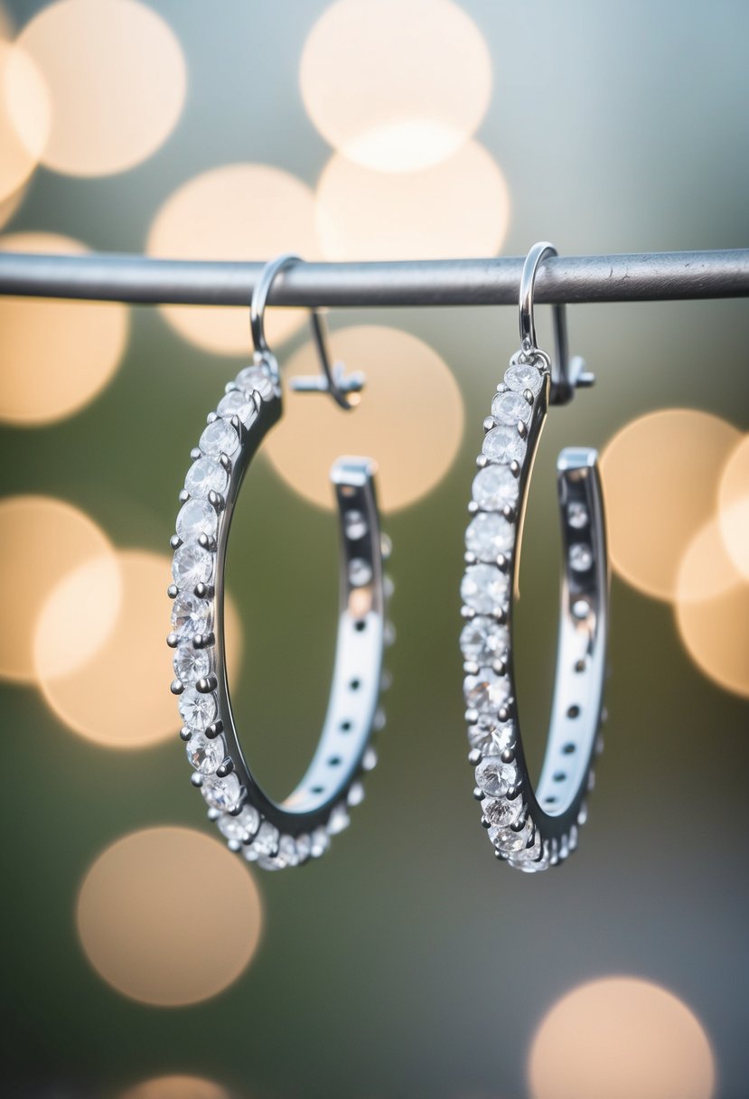 A pair of crystal hoop earrings suspended in mid-air, casting delicate reflections in soft light