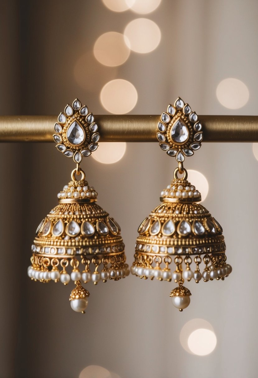 A pair of elegant jhumkas adorned with pearls, inspired by Indian bridal jewelry