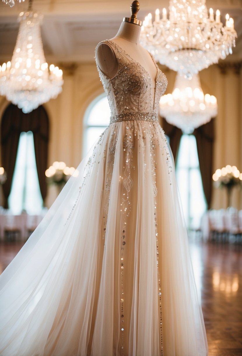 A flowing tulle dress with delicate lace details, adorned with shimmering beads and sequins, set against a backdrop of a grand ballroom with crystal chandeliers