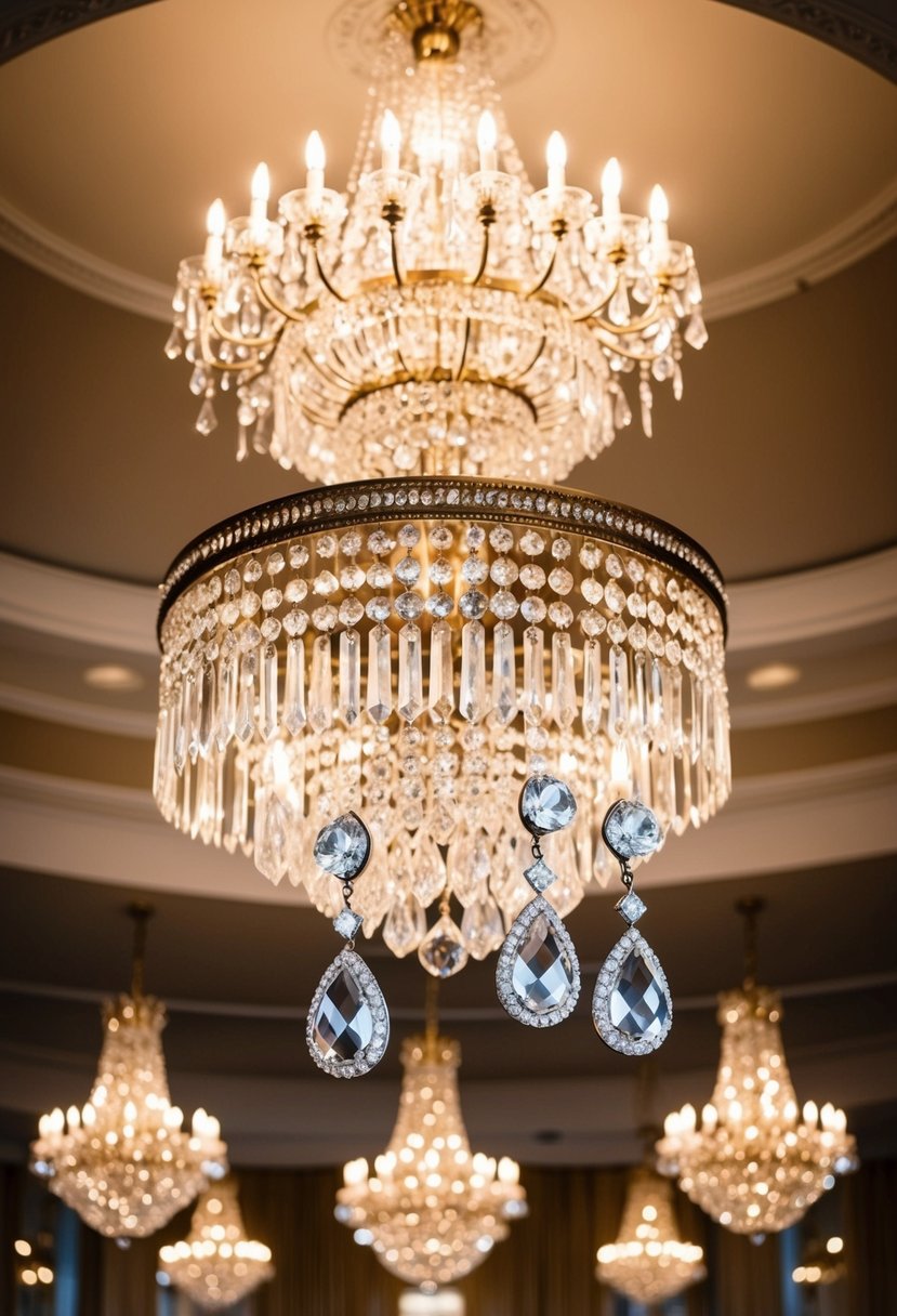 A grand ballroom adorned with vintage-inspired crystal chandeliers, casting a warm, romantic glow. Sparkling crystal wedding earrings dangle delicately from a display, catching the light