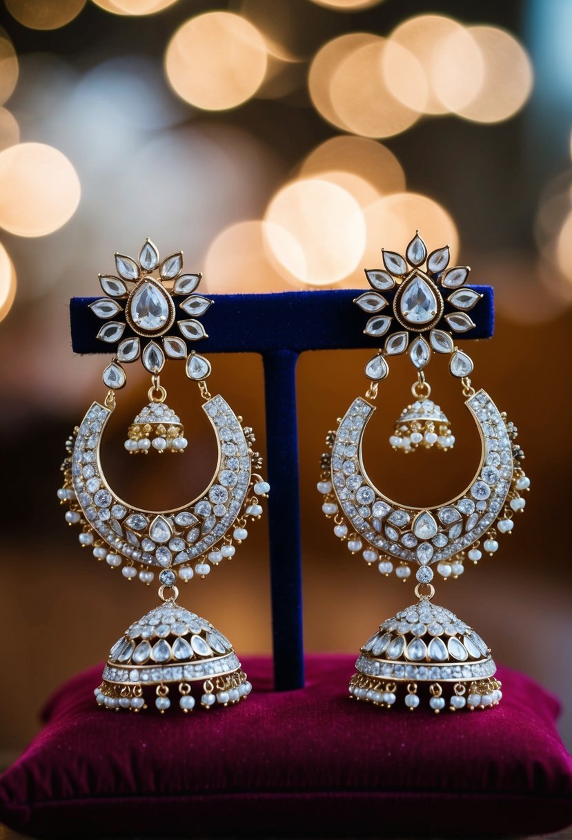 A pair of contemporary Chaand Baali Indian bridal earrings displayed on a velvet cushion with intricate details and shimmering gemstones