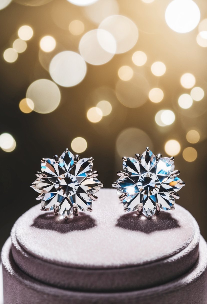 A pair of sparkling crystal earrings, delicately handcrafted and displayed on a velvet cushion, catching the light in a luxurious setting