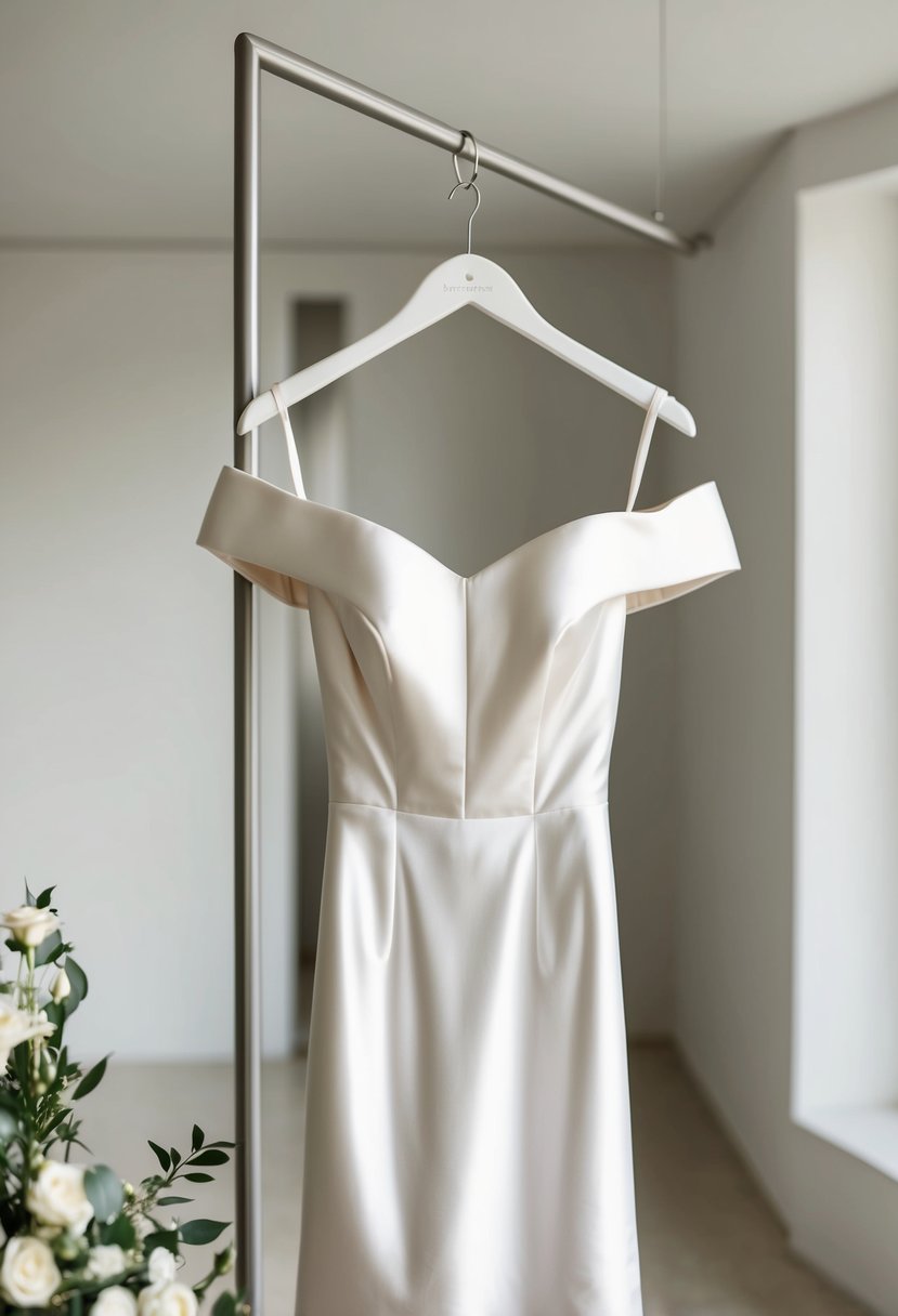 A satin off-shoulder wedding dress hanging on a sleek modern hanger in a softly lit, minimalist room with a hint of floral decoration