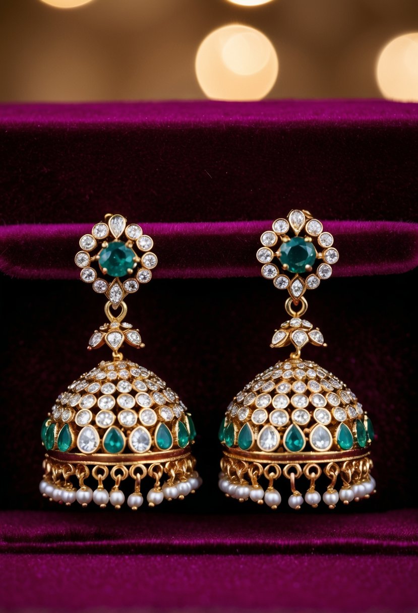 A close-up of ornate Polki drop earrings on a velvet background, with intricate detailing and sparkling gemstones