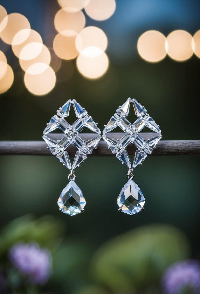 A pair of crystal earrings with intricate geometric patterns, catching the light in a display of elegance and sophistication