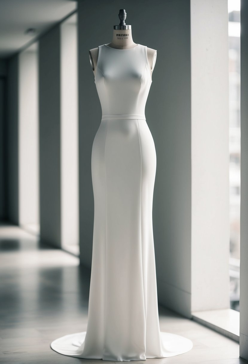 A sleek, floor-length column dress in a minimalist, sophisticated style, with clean lines and a timeless elegance