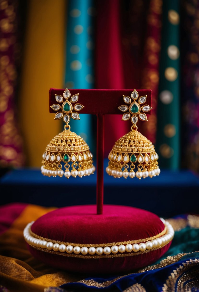 Golden Jhumki earrings with intricate design, adorned with pearls and gemstones, displayed on a velvet cushion against a backdrop of rich, colorful fabrics