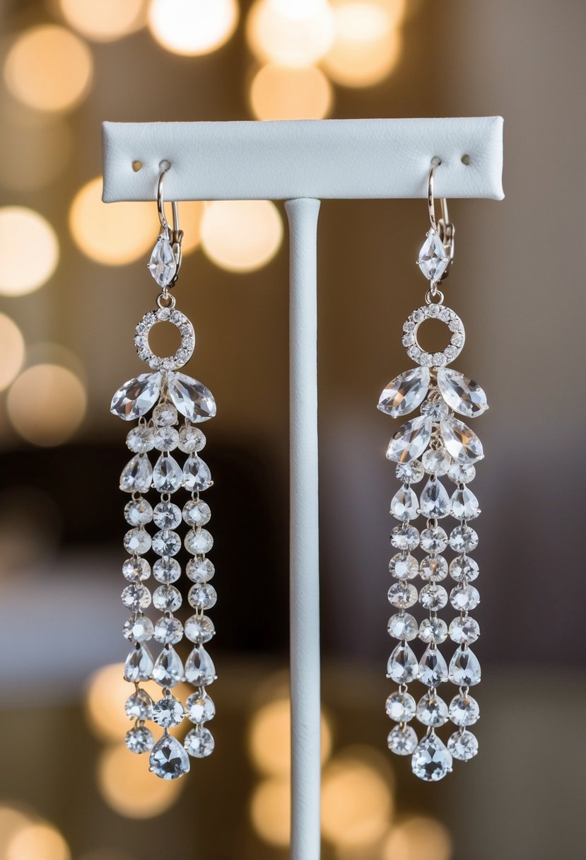 A pair of elegant crystal tassel earrings hanging from a jewelry stand, catching the light and sparkling in a luxurious setting