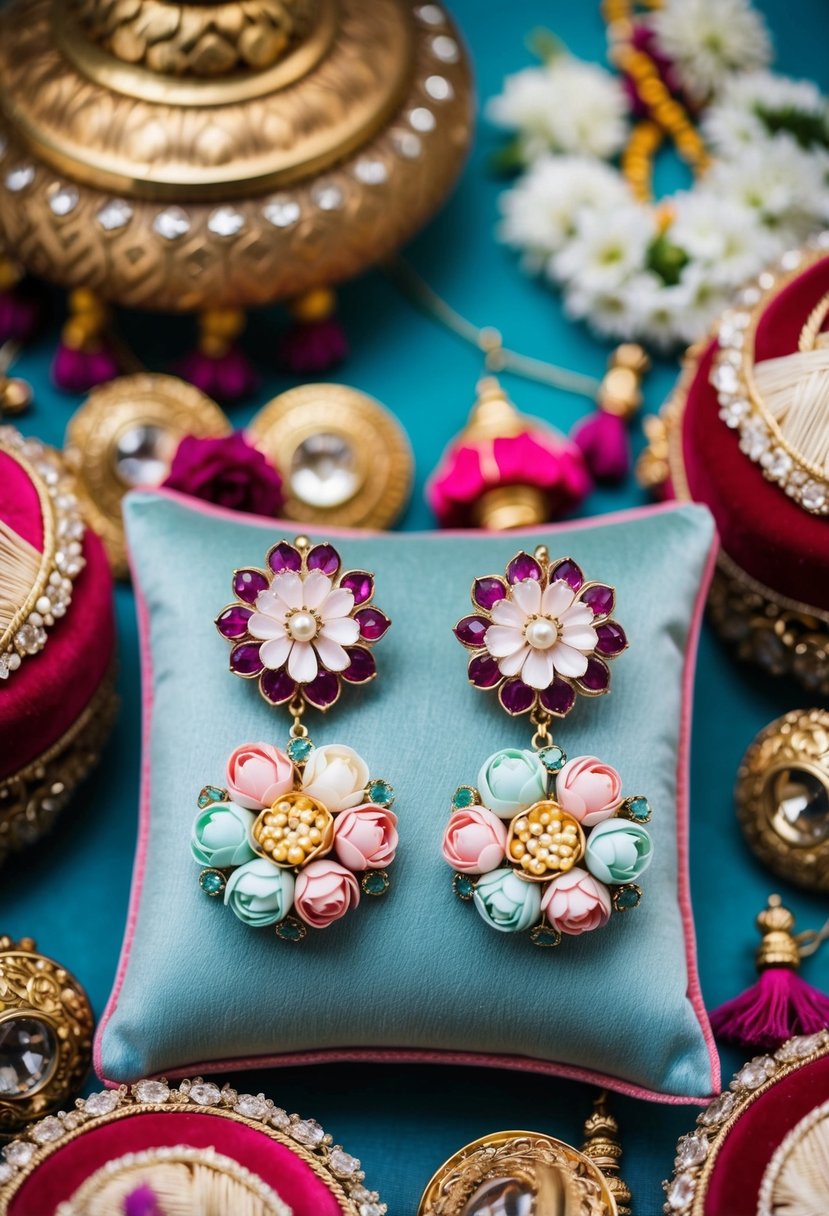 A pair of pastel floral earrings displayed on a velvet cushion, surrounded by traditional Indian wedding decor