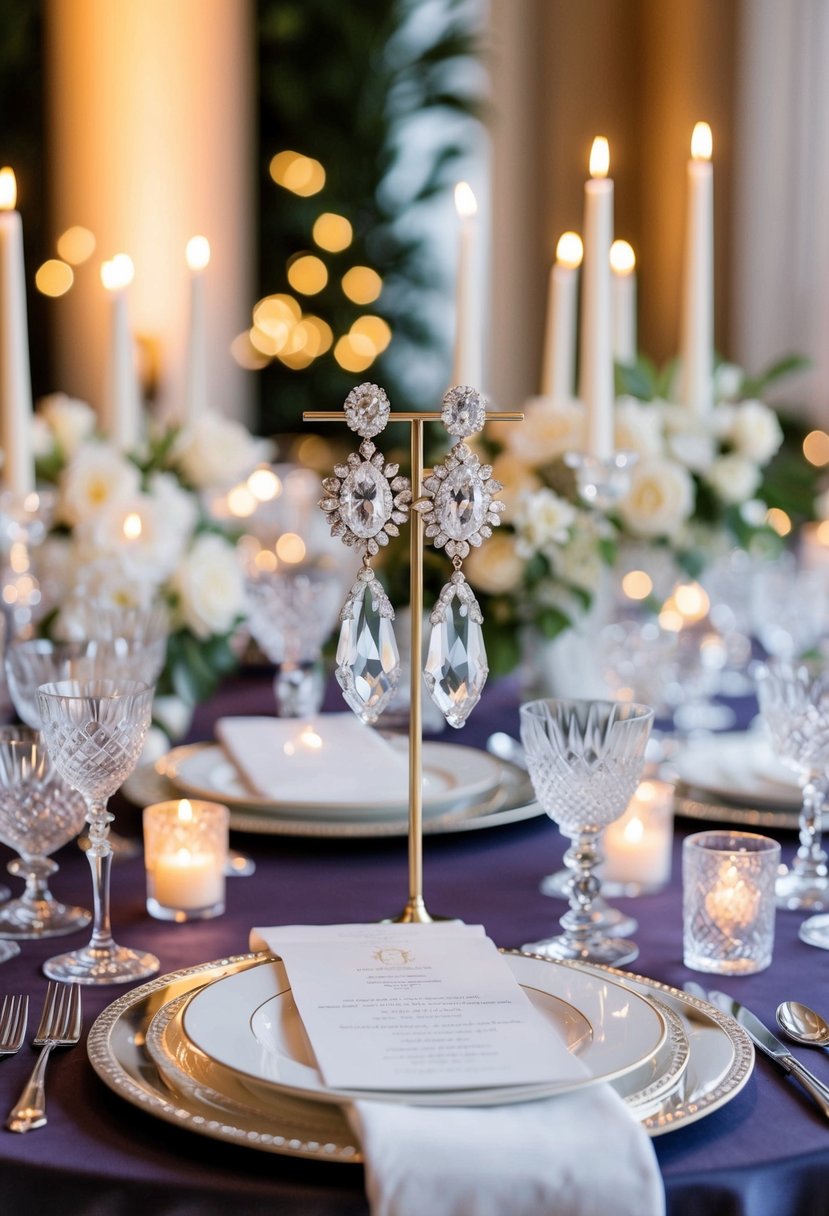 A lavish table adorned with Art Deco crystal statement pieces, including dazzling wedding earrings, shimmering under the soft glow of candlelight