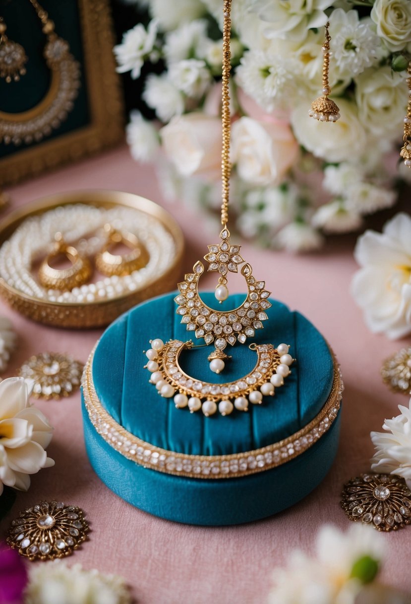 An ornate Maang Tikka and dangling earrings rest on a velvet jewelry box, surrounded by delicate floral motifs and intricate Indian wedding decor