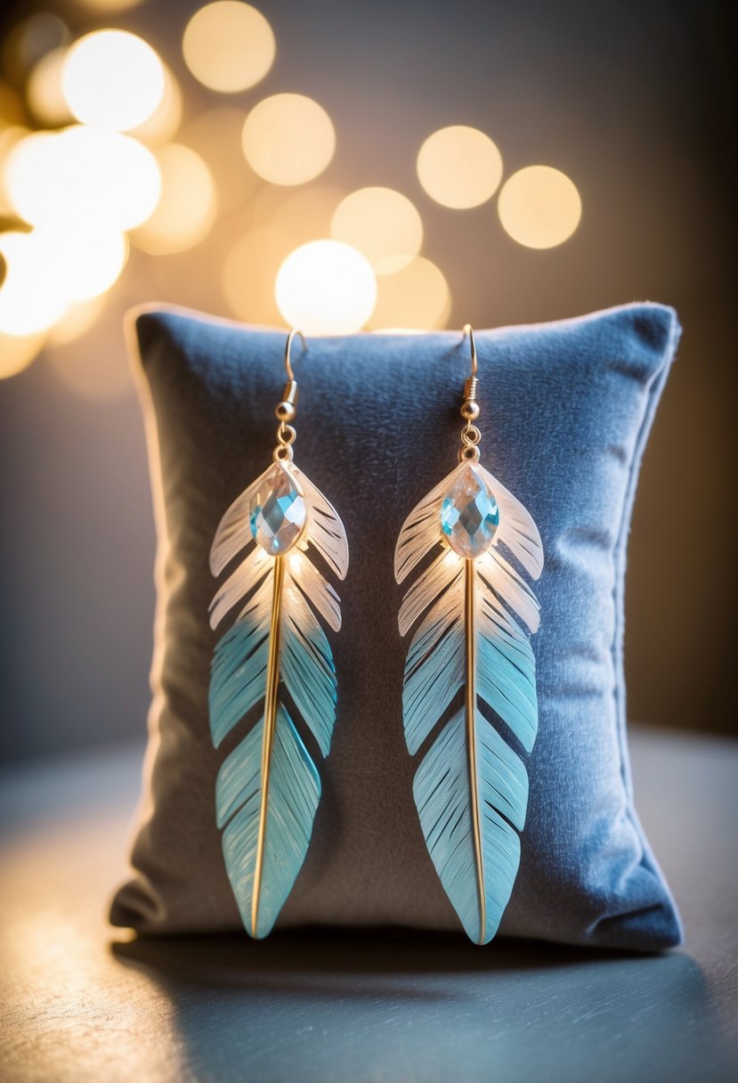 A pair of Bohemian crystal feather earrings displayed on a velvet cushion with soft lighting casting a shimmering glow