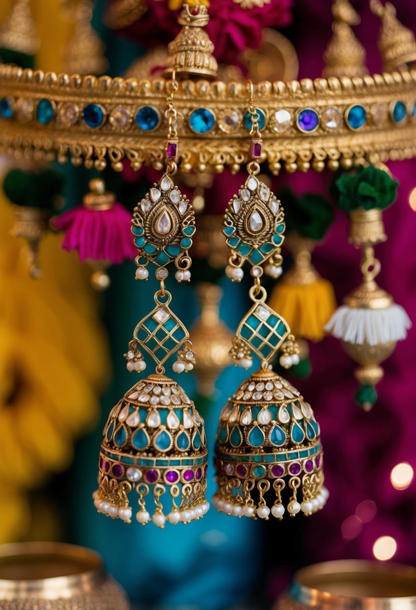 A close-up of ornate vintage-inspired Jhumar earrings against a backdrop of traditional Indian wedding elements