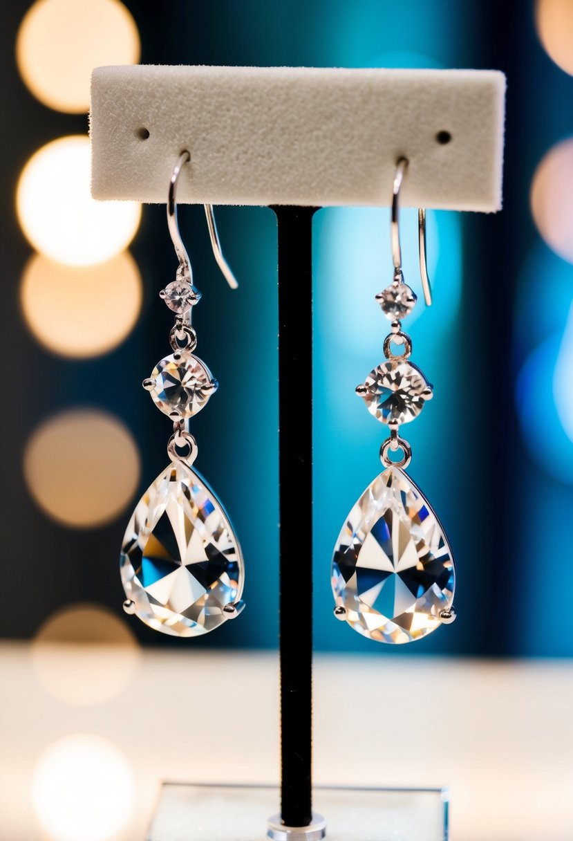 A pair of elegant crystal drop earrings hanging from a display stand, catching the light and sparkling with a touch of glamour