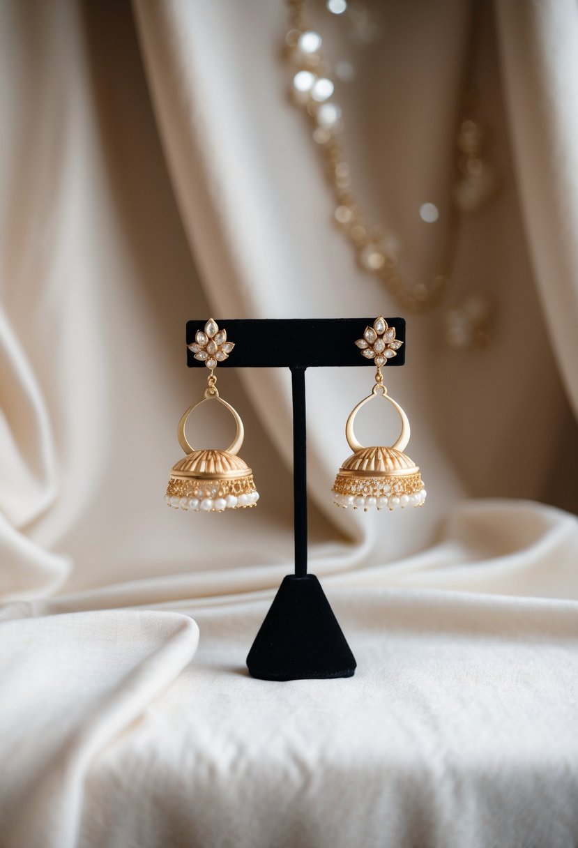 A pair of sleek, minimalist Indian wedding earrings displayed against a soft, luxurious fabric backdrop