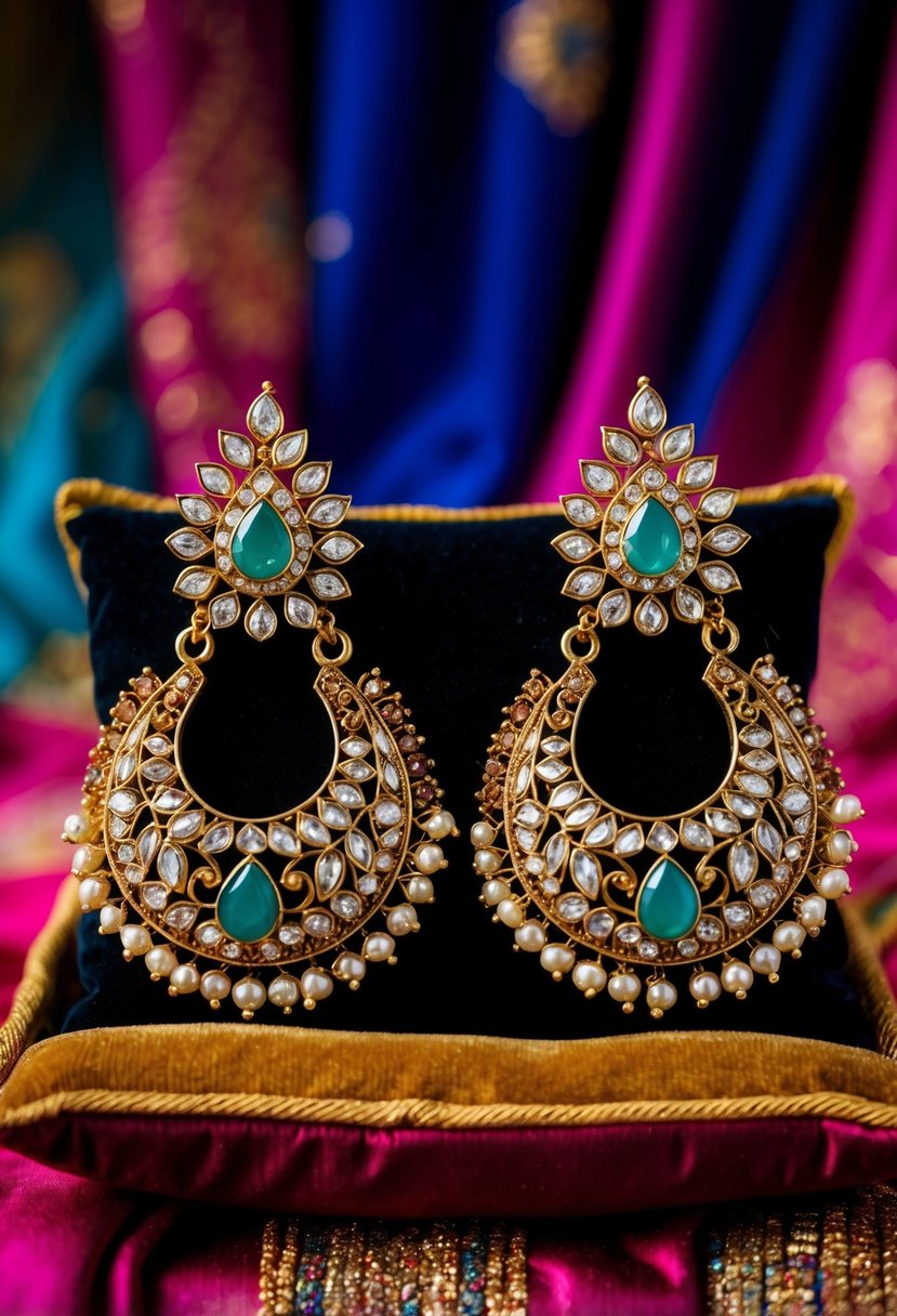 A pair of intricate Kundan Indian bridal earrings displayed on a velvet cushion against a backdrop of vibrant silk fabric