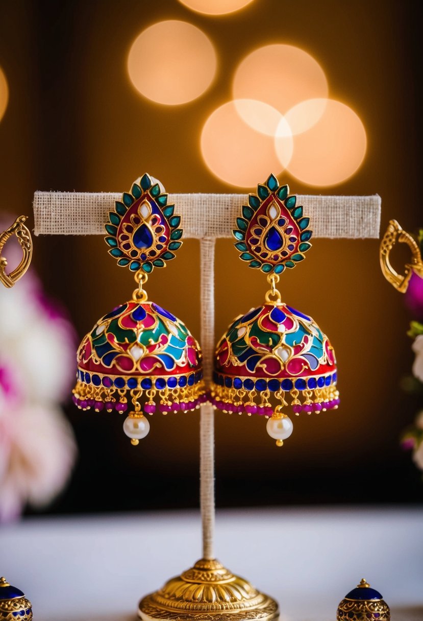 A pair of intricate Meenakari earrings with vibrant colors and delicate detailing, perfect for an Indian bride on her wedding day