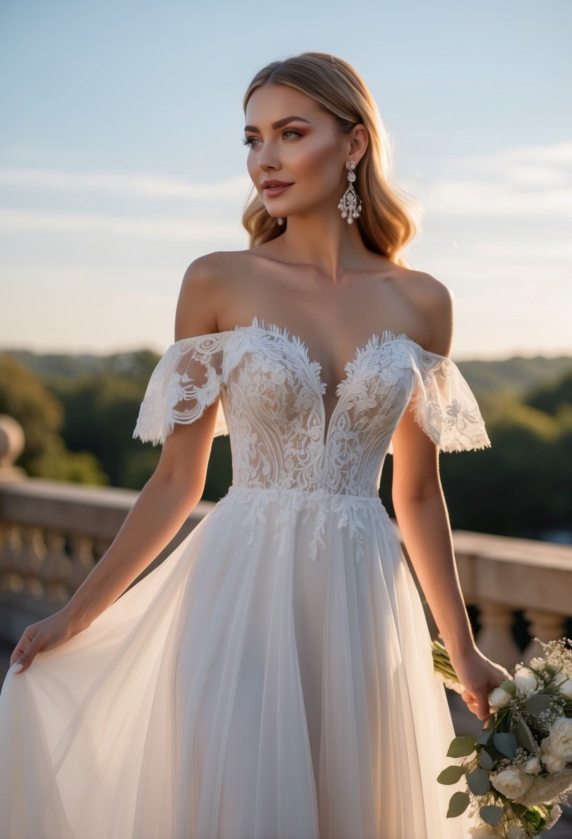 A flowing off-the-shoulder wedding dress with delicate lace details, paired with elegant drop earrings