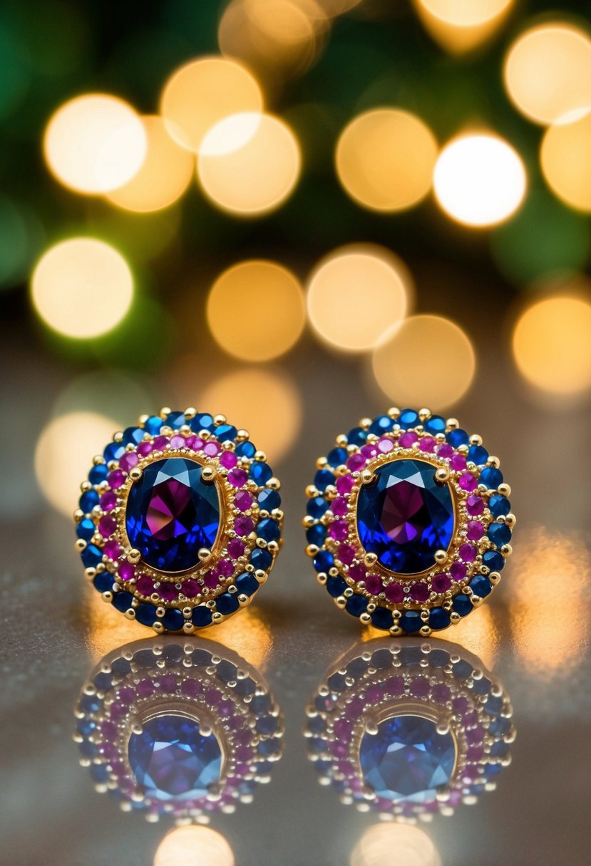 A pair of bold gemstone studs in vibrant colors, inspired by Indian bridal fashion, shimmering under the warm glow of wedding lights