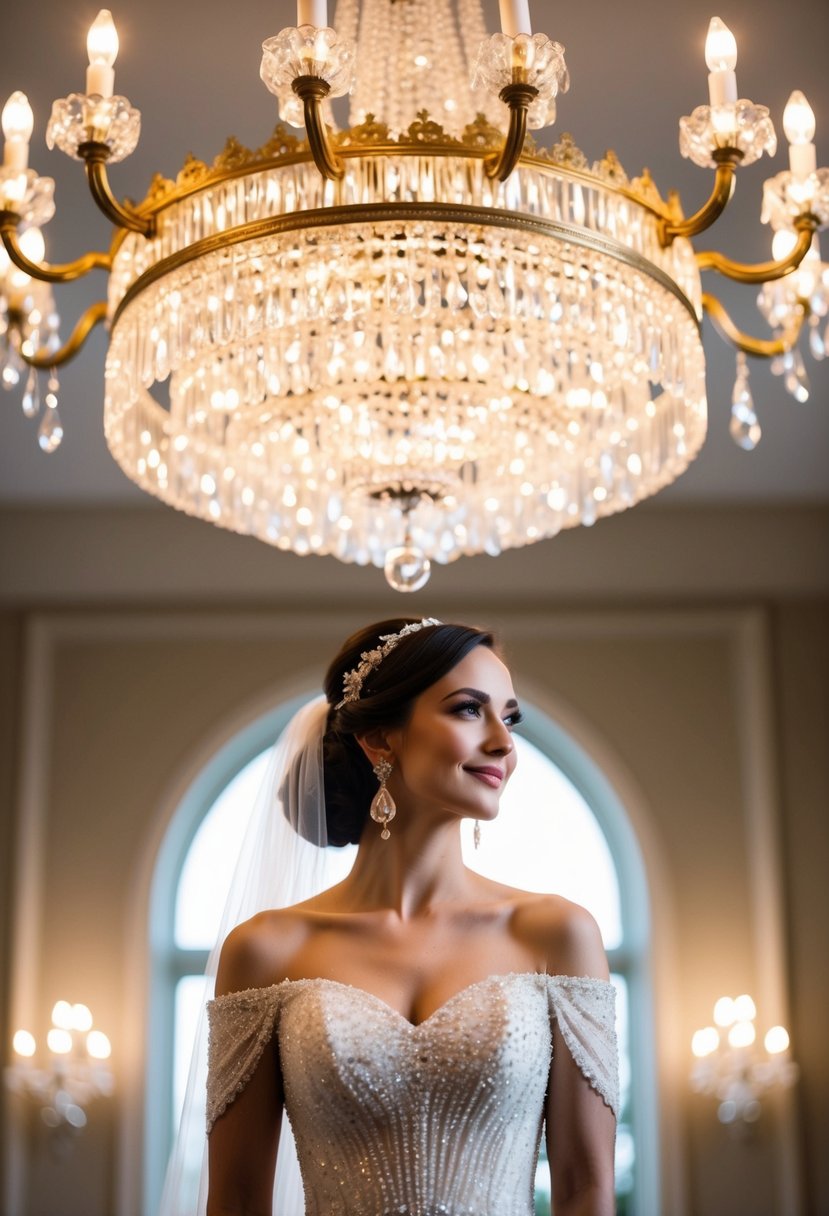 A bride's off-the-shoulder dress sparkles under a grand chandelier, with elegant drop earrings catching the light