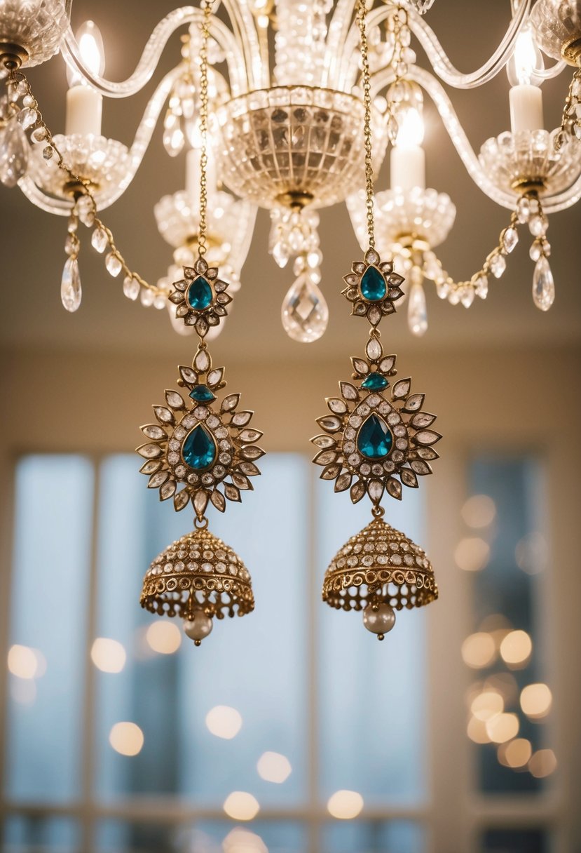 A pair of ornate, bejeweled cocktail earrings, inspired by Indian bridal fashion, sparkle under the soft glow of a chandelier