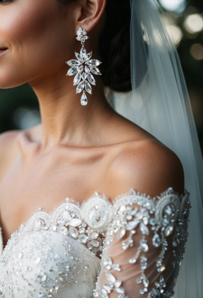 A sparkling crystal cluster earring dangles from the edge of an elegant off-the-shoulder wedding dress