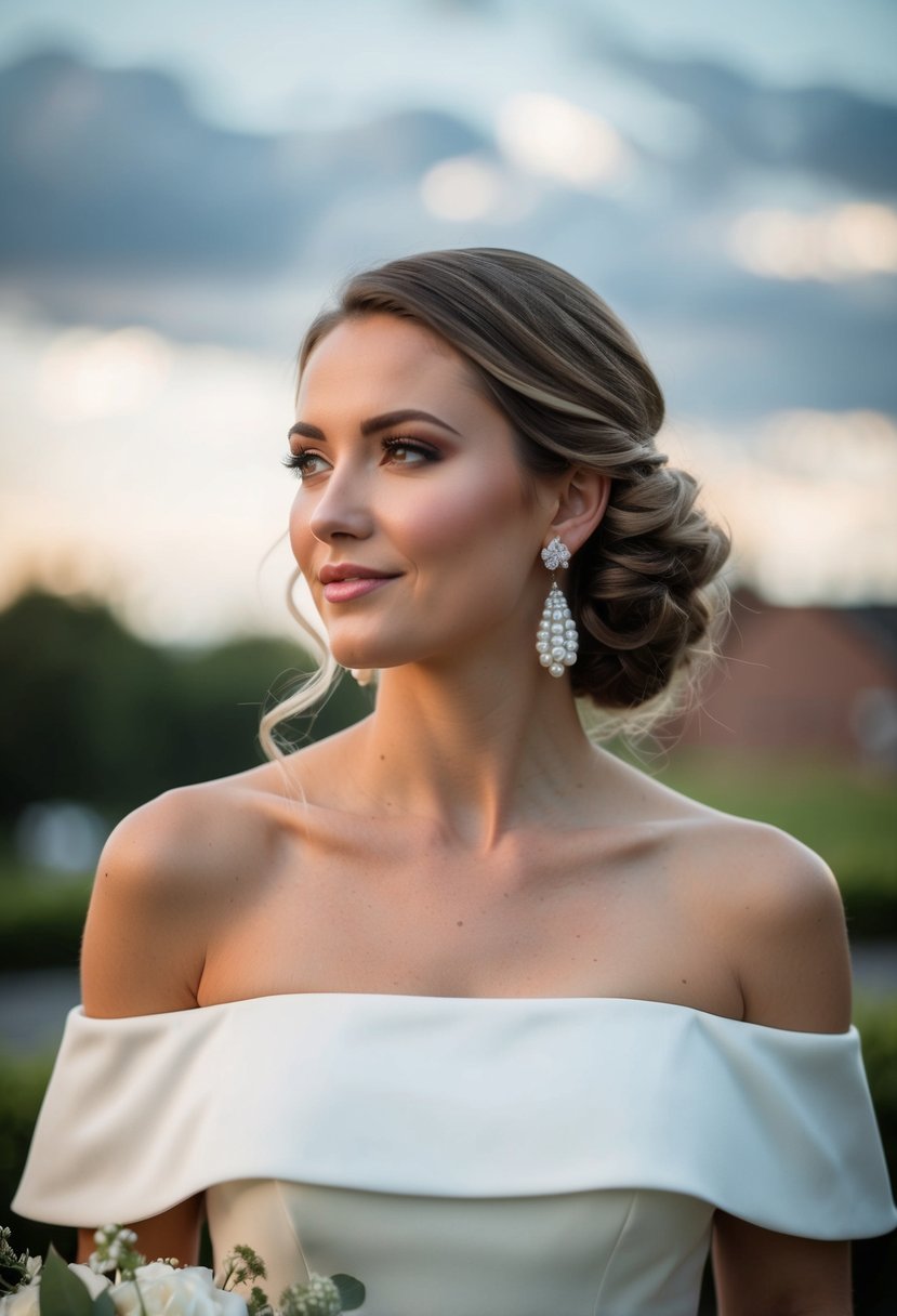 A white off-the-shoulder wedding dress with pearl teardrop earrings