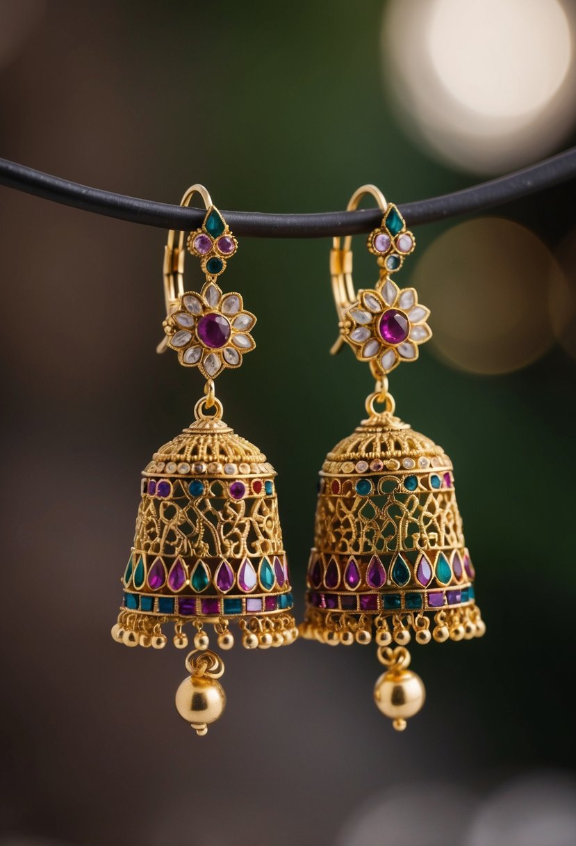 A pair of ornate Rajasthani Jhumkas earrings, featuring intricate filigree work and colorful gemstones, hanging delicately from a gold hoop