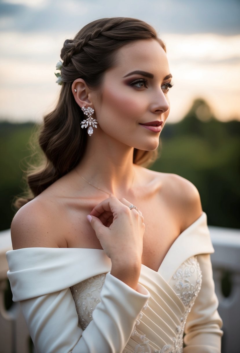 An off-the-shoulder dress with vintage-inspired ear cuffs, paired with elegant wedding earrings, set against a romantic backdrop