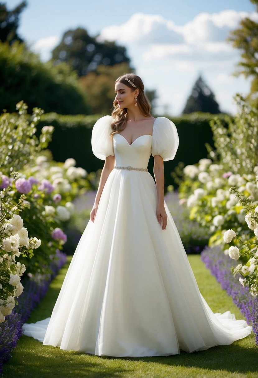 A bride in a flowing wedding dress with puffy sleeves, standing in a garden surrounded by blooming flowers and greenery