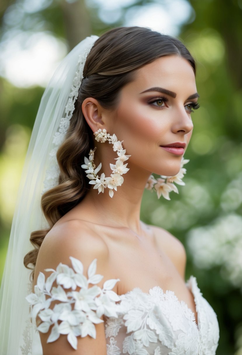 A delicate off-the-shoulder dress adorned with intricate floral hoop earrings, perfect for a wedding